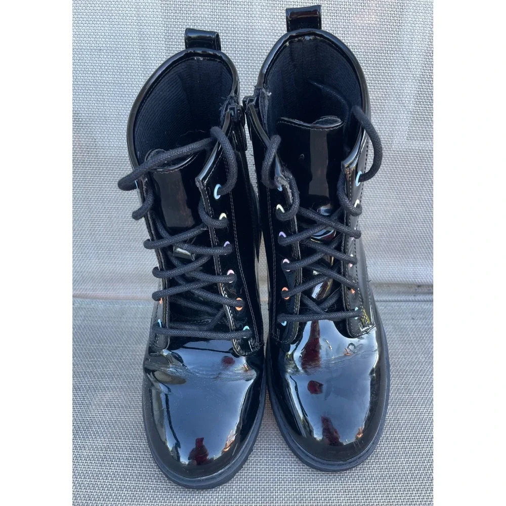 The Children's Place Girls Black Patent Combat Boots Glitter Heart Size 5